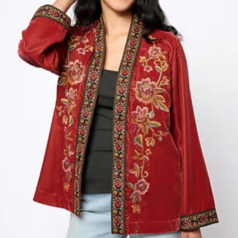 Belle by Kim Gravel Earth Mother Embroidered Velvet Jacket Open Boho NWOT